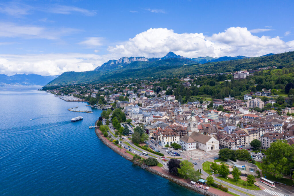 Aerial view of Evian (Evian Les Bains) city in Haute Savoie in France